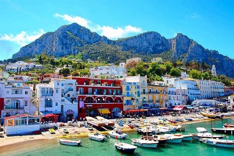 Marina Grande from the hillside, its coloured houses above a harbour full of boats